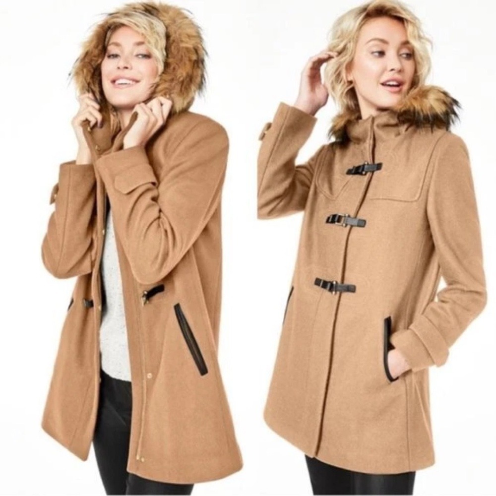 Cole Haan Women's Tan Toggle coat  with Faux‎ Fur Hood sz 12
